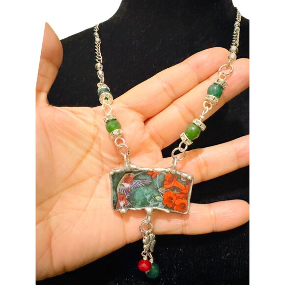 Artisan Jewelry - Lena Liu Hummingbird Broken China Pendant Silver-Blend Metalwork Quartz Necklace